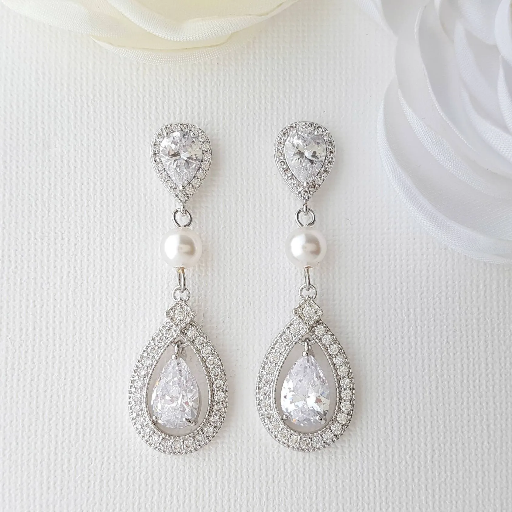 Rose Gold Bridal Earrings in Pearls & Cubic Zirconia-Sarah