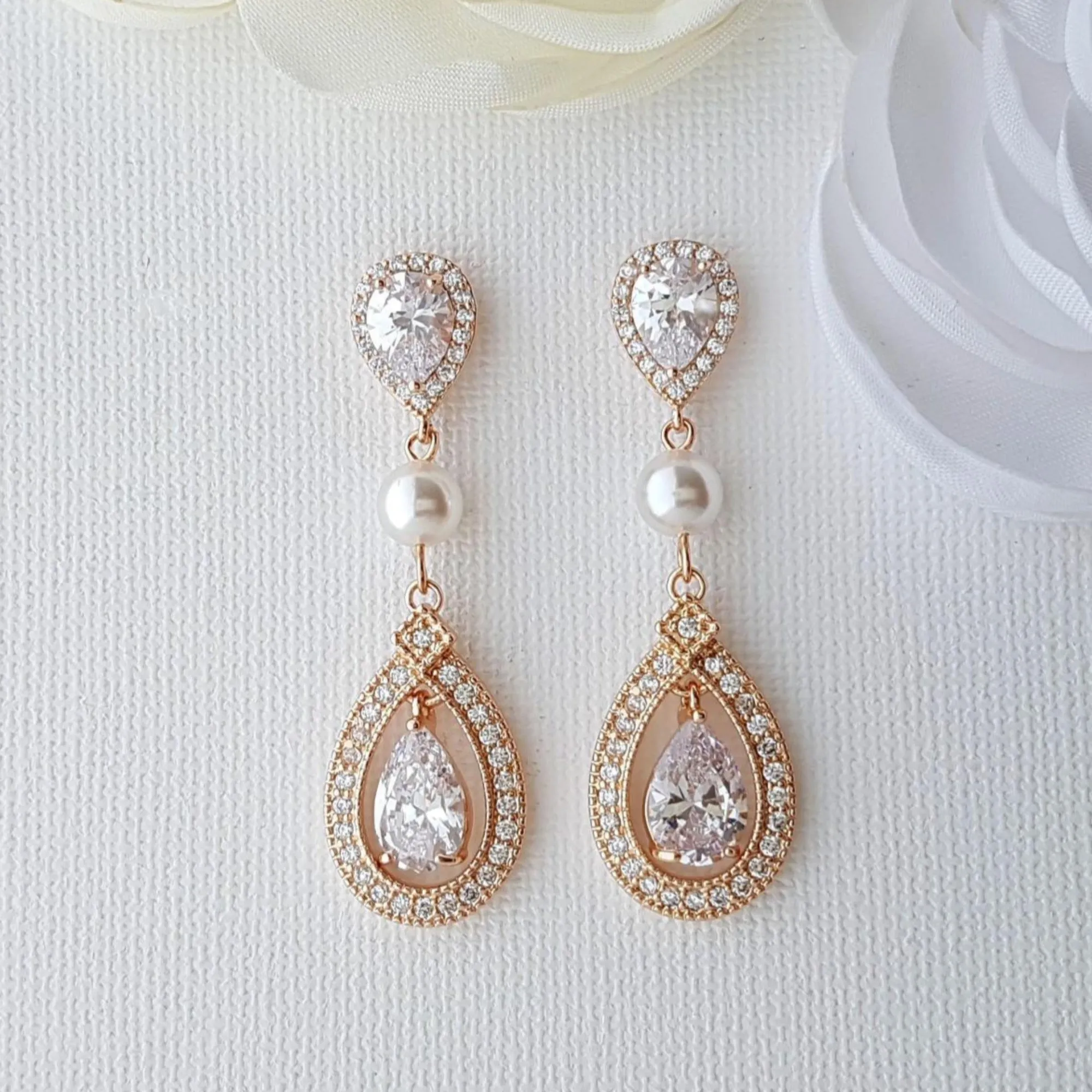 Rose Gold Bridal Earrings in Pearls & Cubic Zirconia-Sarah