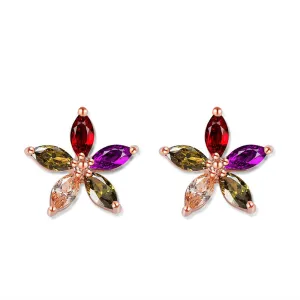 Rose Gold Plate Multicolor Marquise Stone Flower Shape Cubic Zirconia Diamond Women Stud Earrings Star Earrings