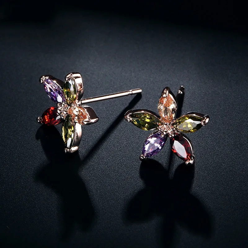 Rose Gold Plate Multicolor Marquise Stone Flower Shape Cubic Zirconia Diamond Women Stud Earrings Star Earrings