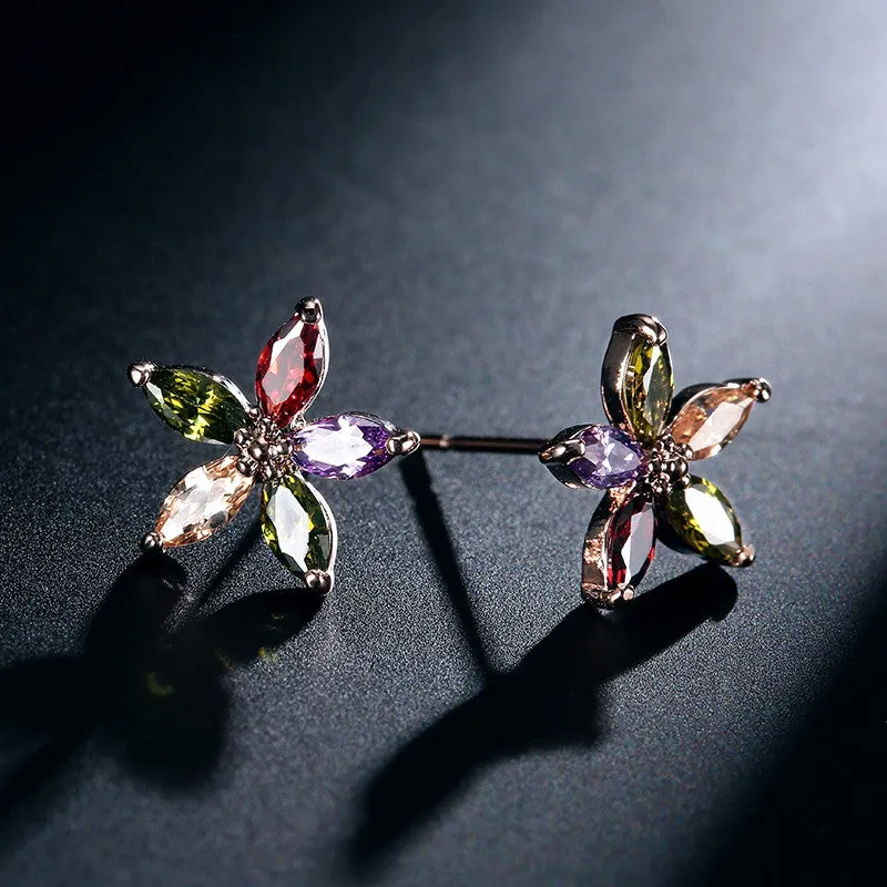 Rose Gold Plate Multicolor Marquise Stone Flower Shape Cubic Zirconia Diamond Women Stud Earrings Star Earrings