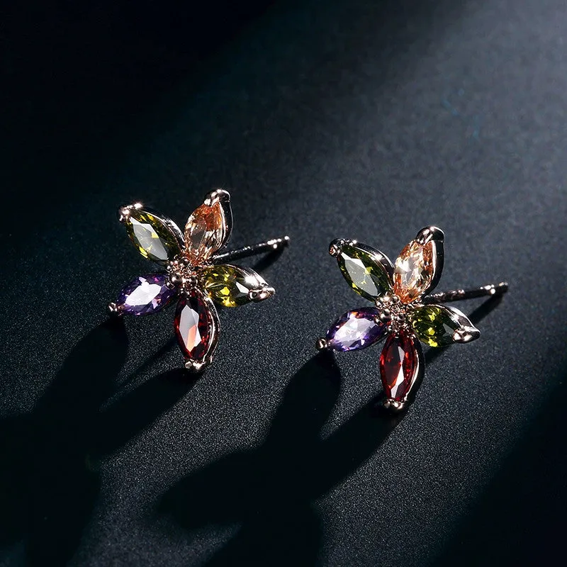 Rose Gold Plate Multicolor Marquise Stone Flower Shape Cubic Zirconia Diamond Women Stud Earrings Star Earrings