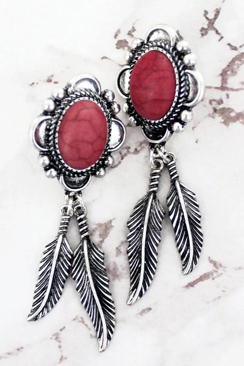 SALE! Feather Canyon Coral and Silvertone Earrings