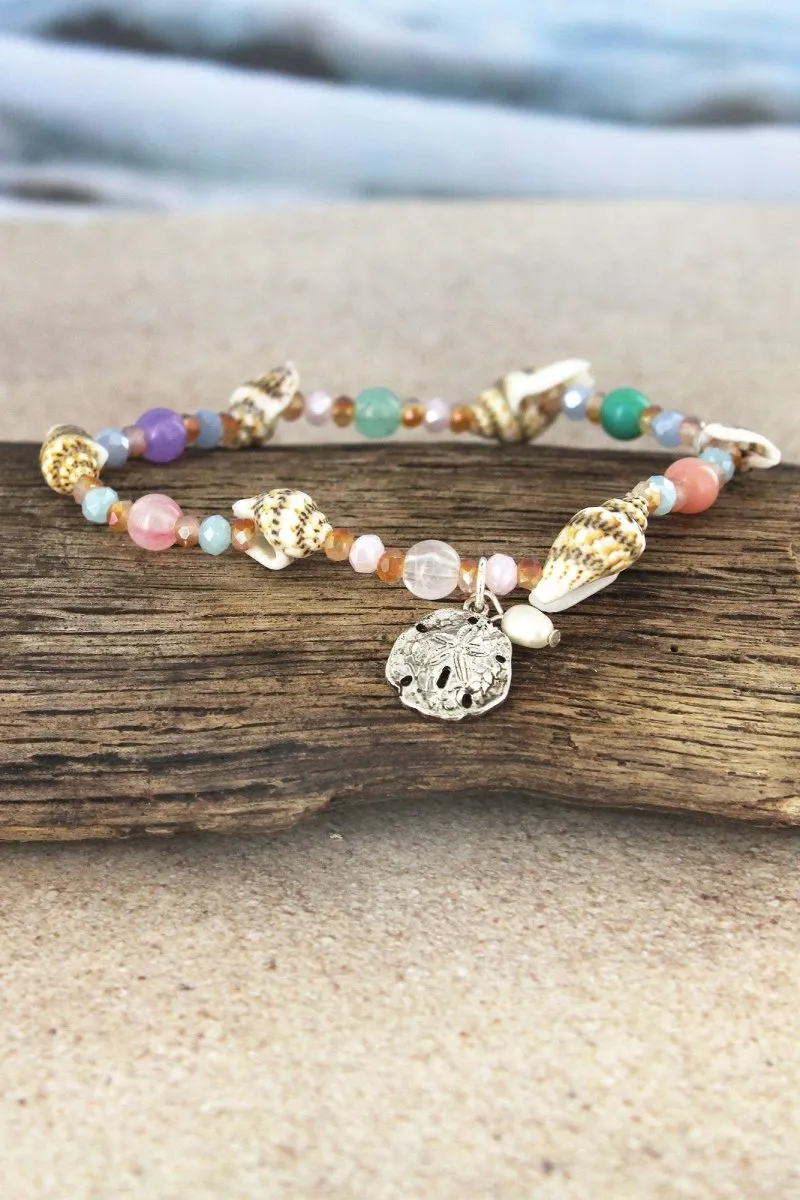 SALE! Sand Dollar Charm Multi-Color and Shell Beaded Bracelet