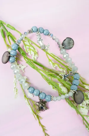 SALE! Sea Life and Shell Disk Charm Blue Beaded Bracelet