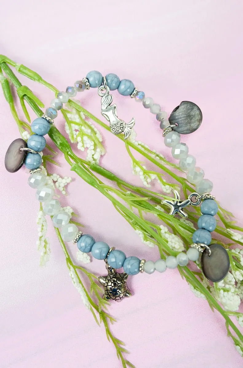 SALE! Sea Life and Shell Disk Charm Blue Beaded Bracelet