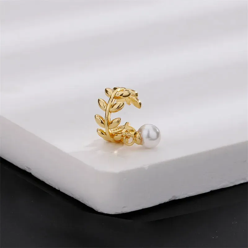 Silver Color Leaves Creative Pearl Pendant Non-Piercing Gold Earring