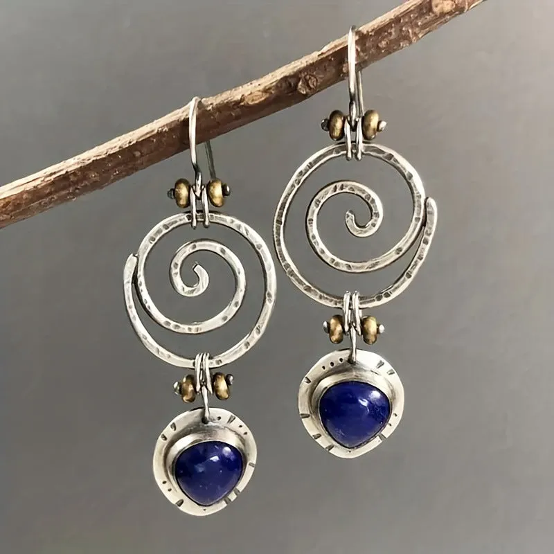 Silver Hollow Spiral Blue Stone Drop Earrings JLT12802