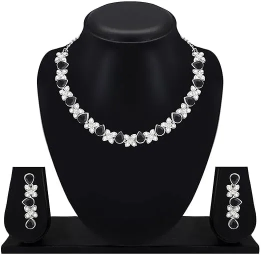 Silver Plated AD Studded Necklace With Earrings Jewelry Set For Women