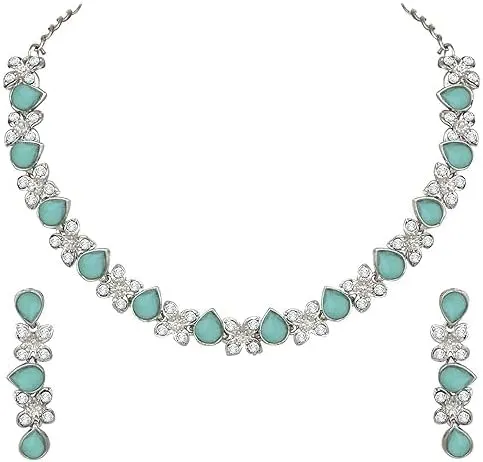 Silver Plated AD Studded Necklace With Earrings Jewelry Set For Women