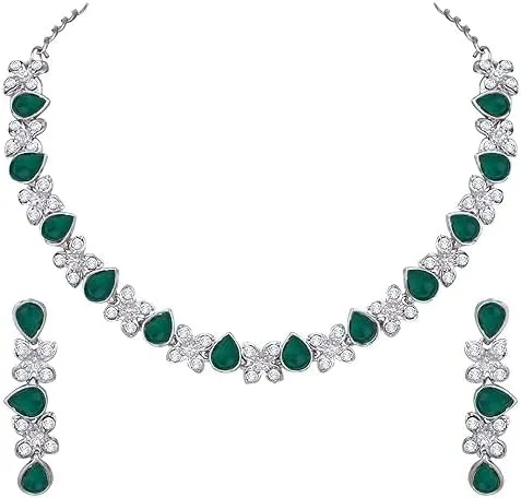 Silver Plated AD Studded Necklace With Earrings Jewelry Set For Women