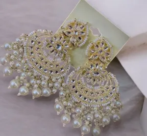 Statement Kundan Pearl Earrings Jewelry Set, Bollywood celebrity earring, Kundan earrings, Chandbali earrings, Beaded Pearl Earrings