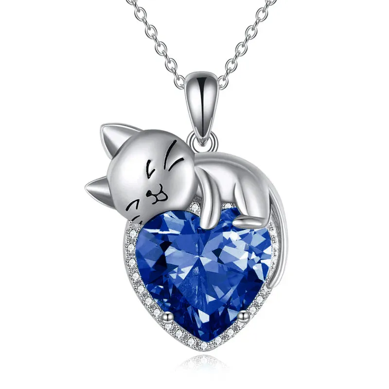 Sterling Silver Cat Necklace with Birthstone Animal Cat Pendant Heart Necklace for Women Girls