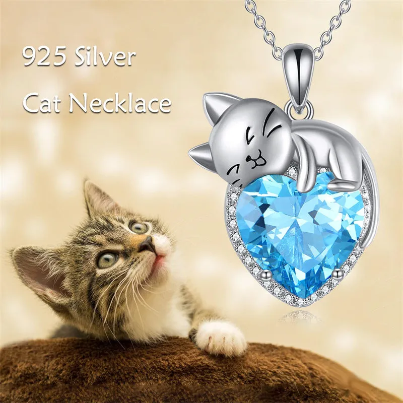 Sterling Silver Cat Necklace with Birthstone Animal Cat Pendant Heart Necklace for Women Girls