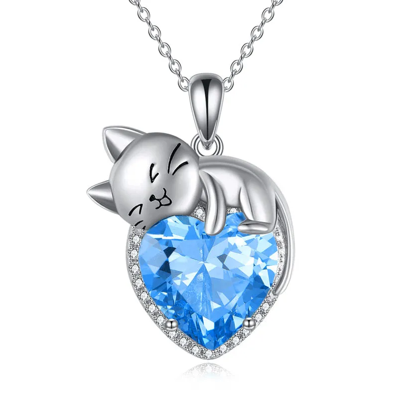 Sterling Silver Cat Necklace with Birthstone Animal Cat Pendant Heart Necklace for Women Girls