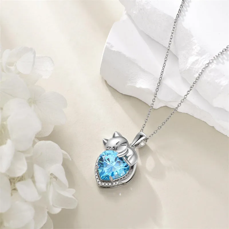 Sterling Silver Cat Necklace with Birthstone Animal Cat Pendant Heart Necklace for Women Girls