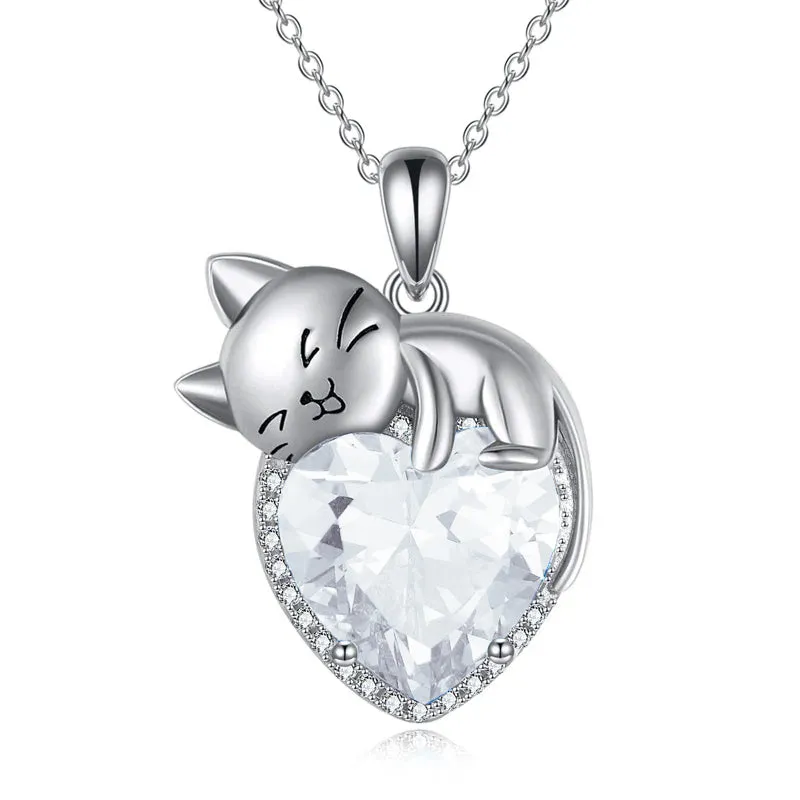 Sterling Silver Cat Necklace with Birthstone Animal Cat Pendant Heart Necklace for Women Girls