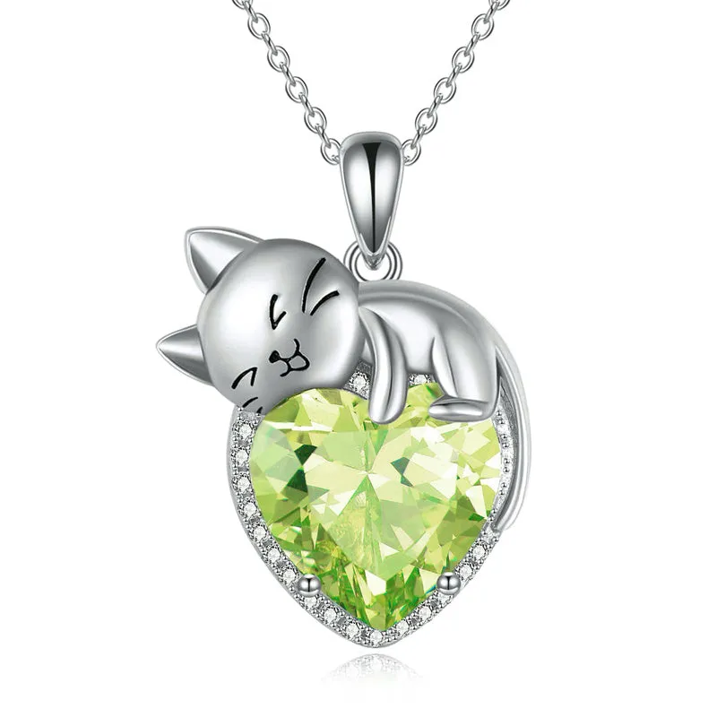 Sterling Silver Cat Necklace with Birthstone Animal Cat Pendant Heart Necklace for Women Girls