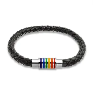 Striped Rainbow Flag Black Braided Leather LGBTQ Bracelet with Stainless Clasp