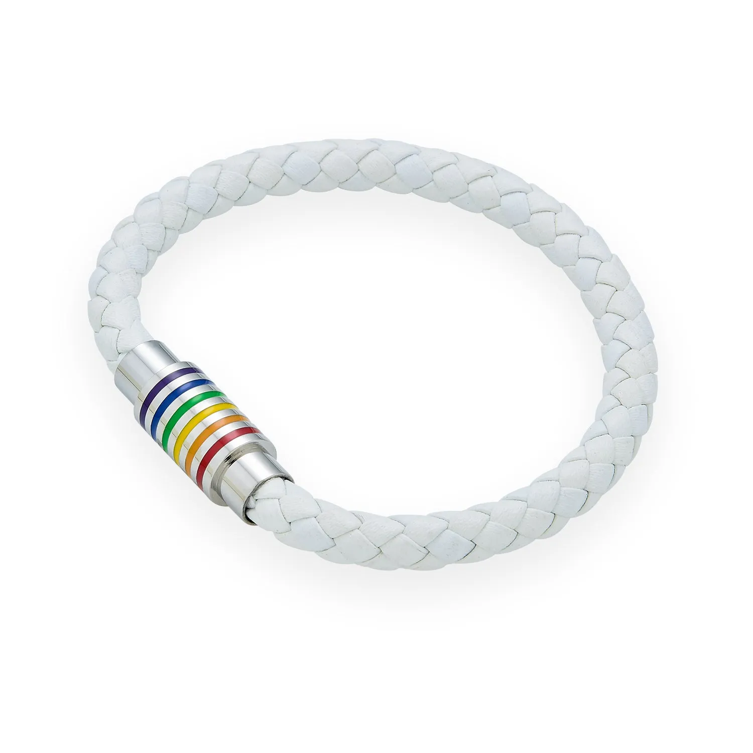 Striped Rainbow Flag Black Braided Leather LGBTQ Bracelet with Stainless Clasp