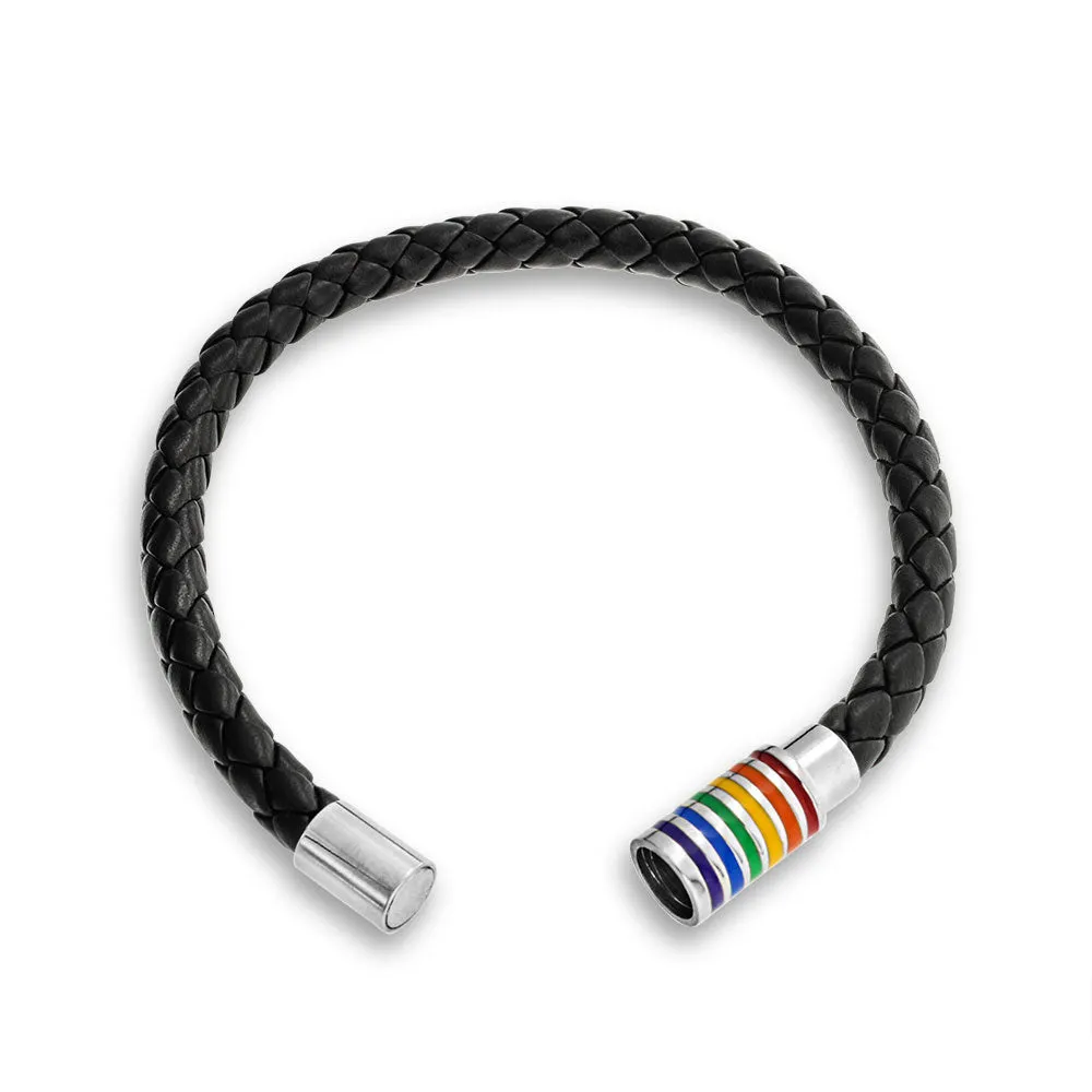 Striped Rainbow Flag Black Braided Leather LGBTQ Bracelet with Stainless Clasp