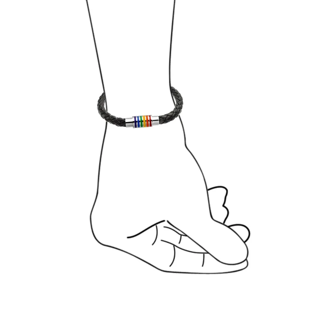 Striped Rainbow Flag Black Braided Leather LGBTQ Bracelet with Stainless Clasp