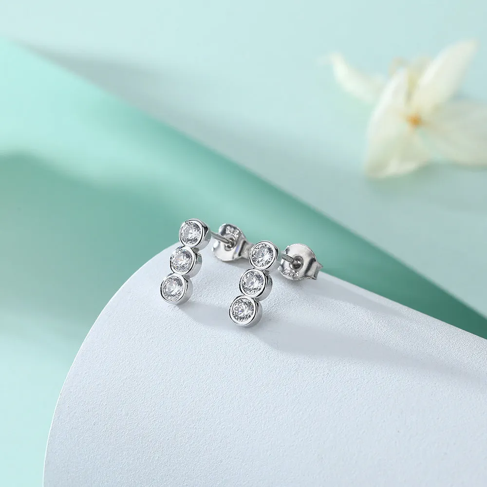 Three Round Zircon Silver Studs Earrings for Women