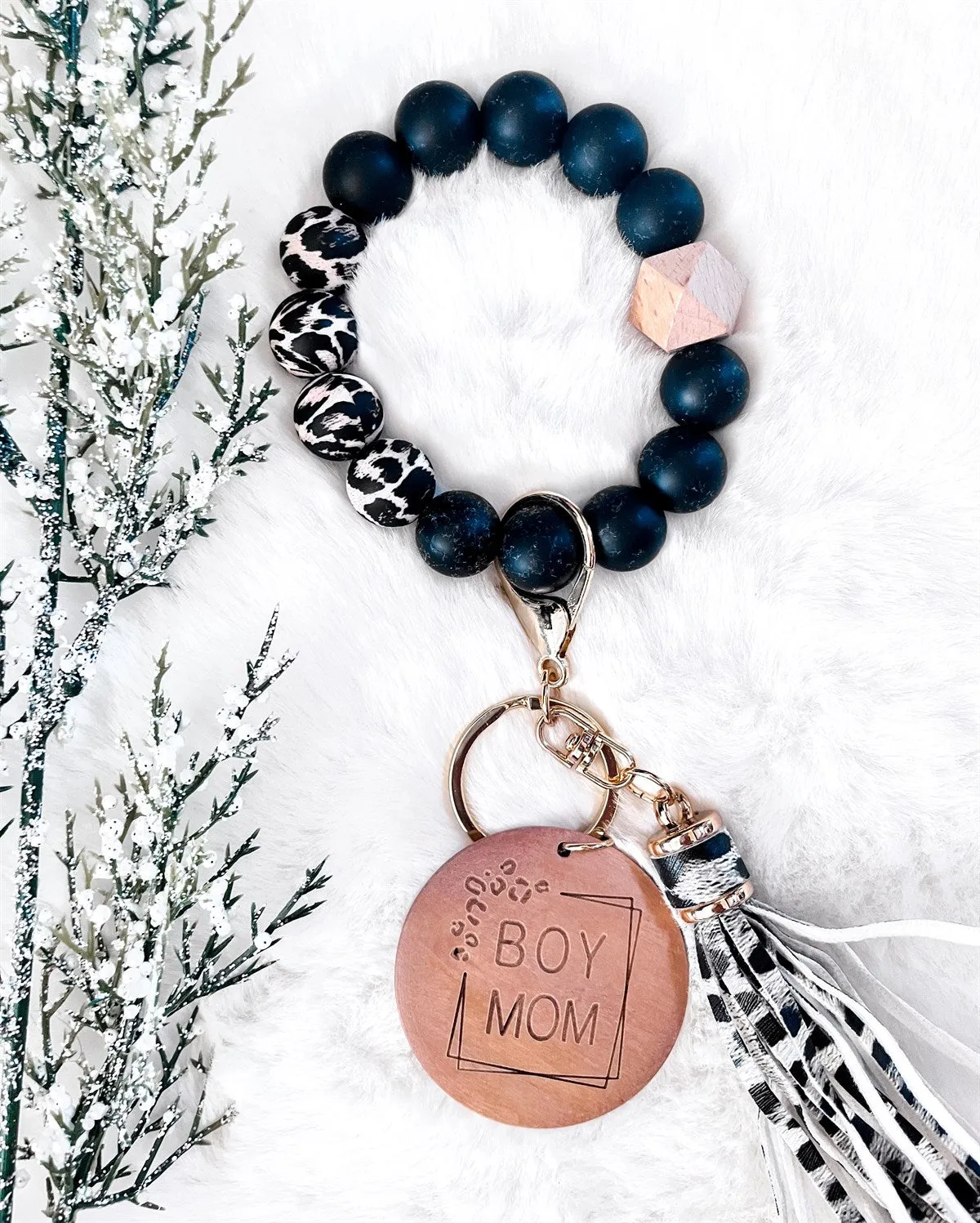 Trending Solid Black & Black Leopard Bracelet Key Chain - Boy Mom - Mama - Teacher