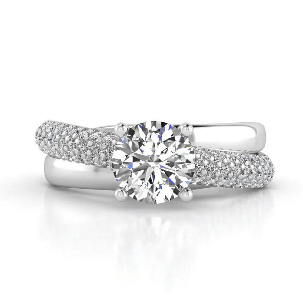 Triple Row Pavé Band Diamond Engagement Ring with Round Center