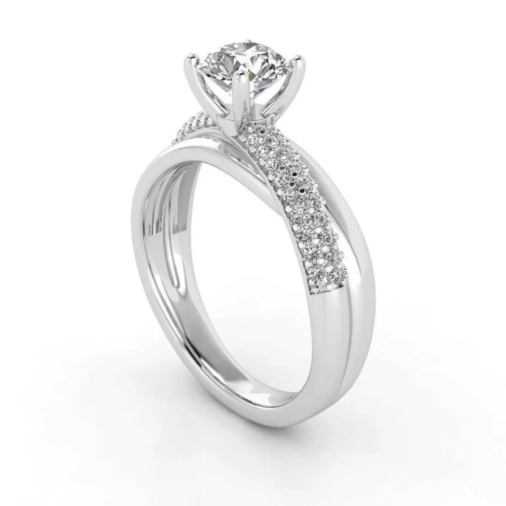 Triple Row Pavé Band Diamond Engagement Ring with Round Center