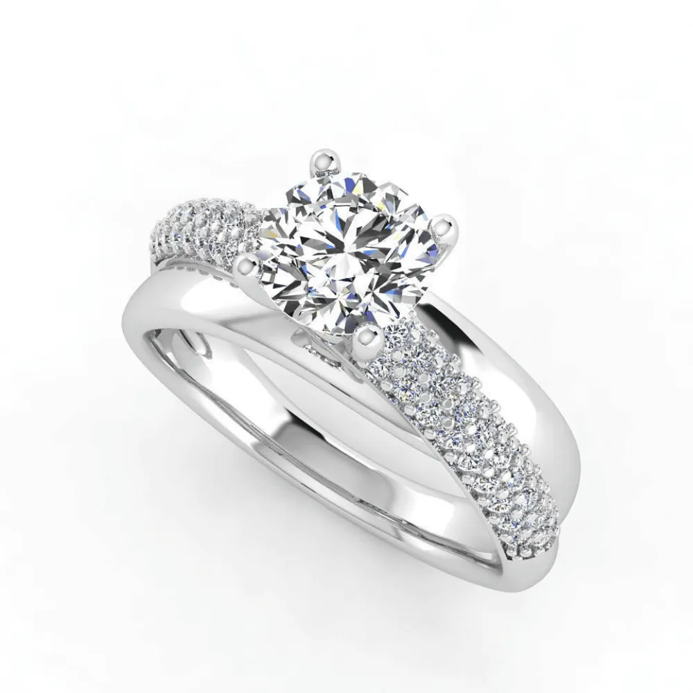 Triple Row Pavé Band Diamond Engagement Ring with Round Center