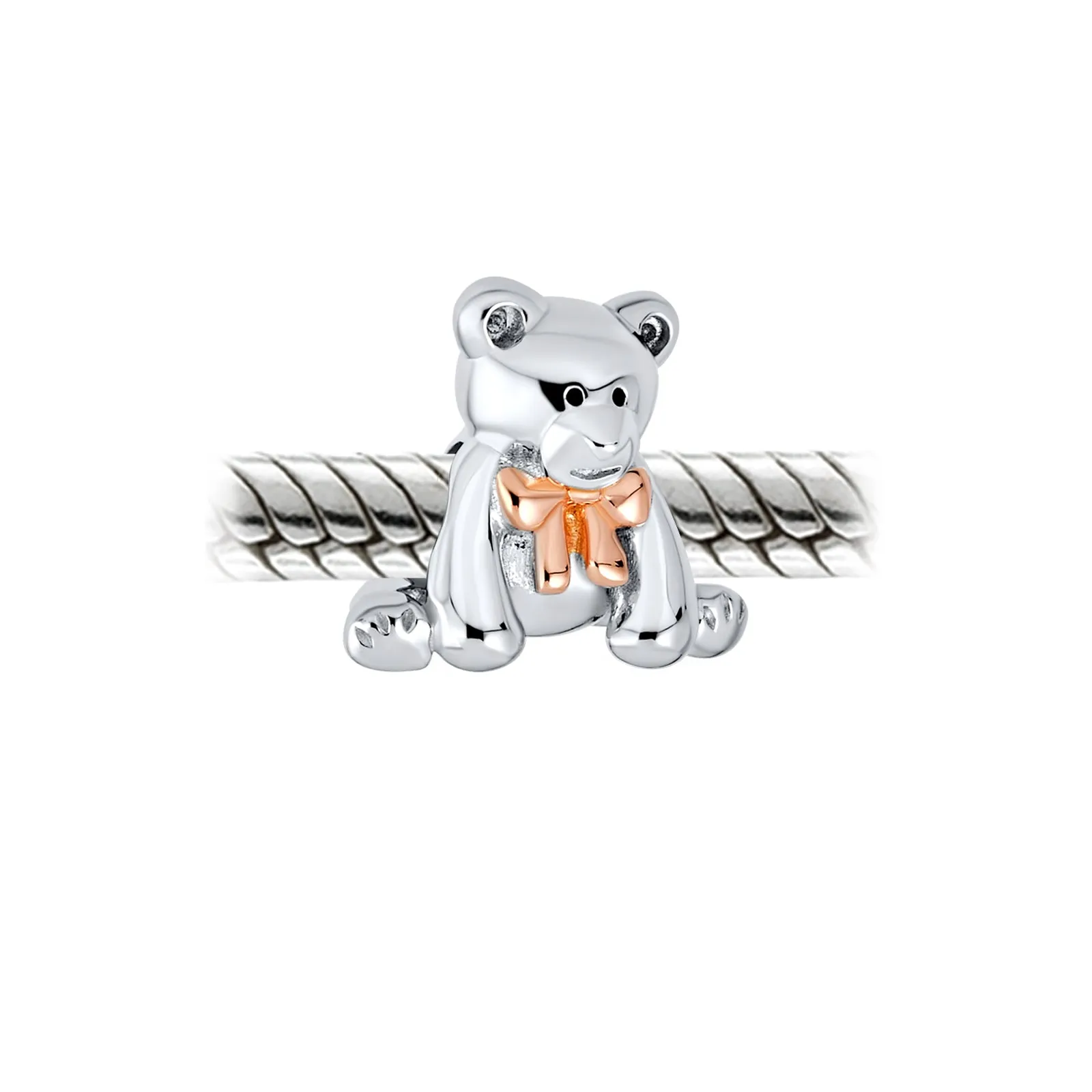 Tween Daughter Charm Bead Teddy Bear with Pink Bow Two-Tone Rose Gold Plated