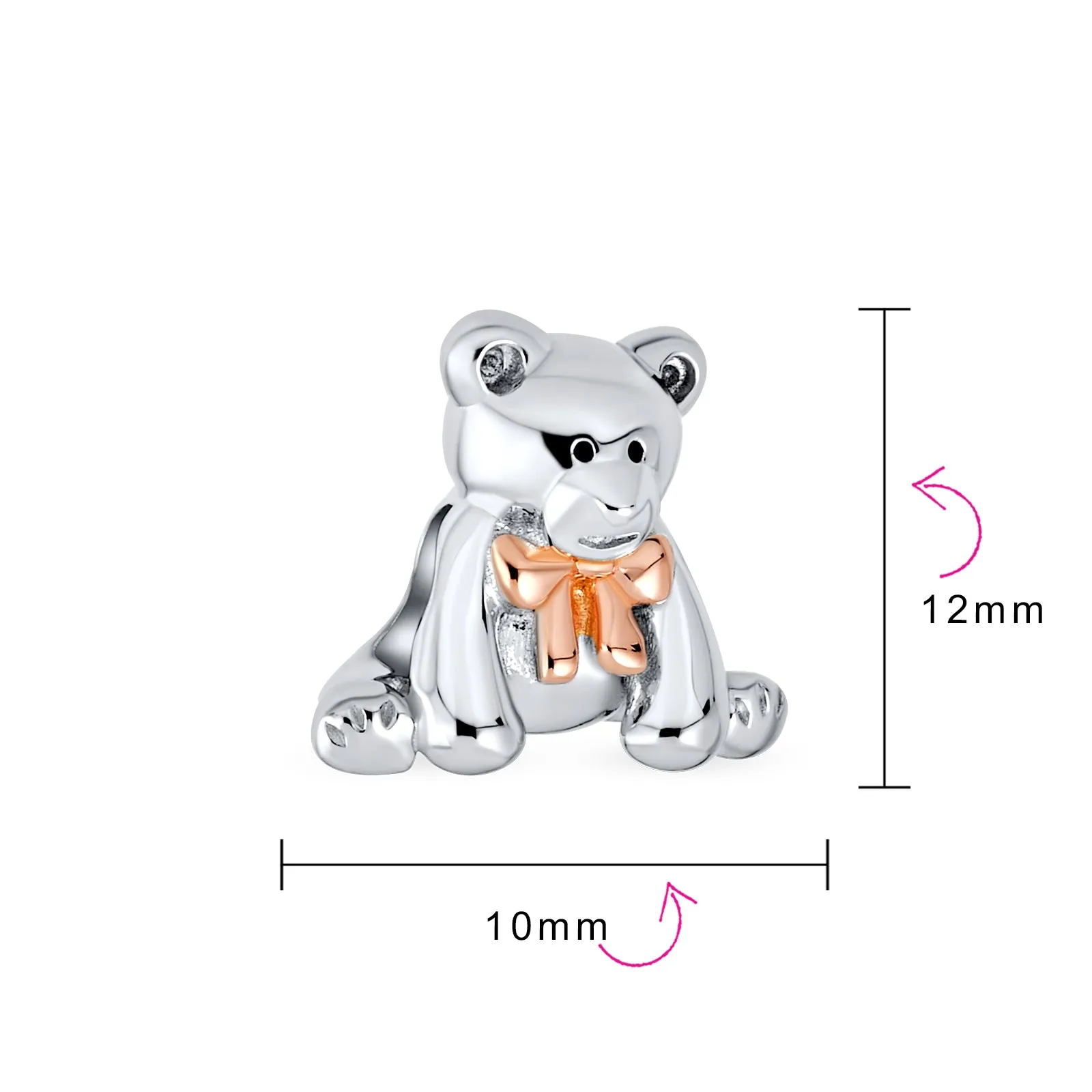 Tween Daughter Charm Bead Teddy Bear with Pink Bow Two-Tone Rose Gold Plated