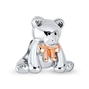 Tween Daughter Charm Bead Teddy Bear with Pink Bow Two-Tone Rose Gold Plated