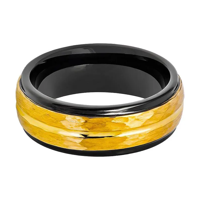 Two Tone Black Inside and yellow Gold Hammered Finish with Center Groove Stepped Edge