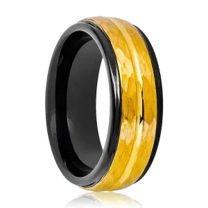 Two Tone Black Inside and yellow Gold Hammered Finish with Center Groove Stepped Edge