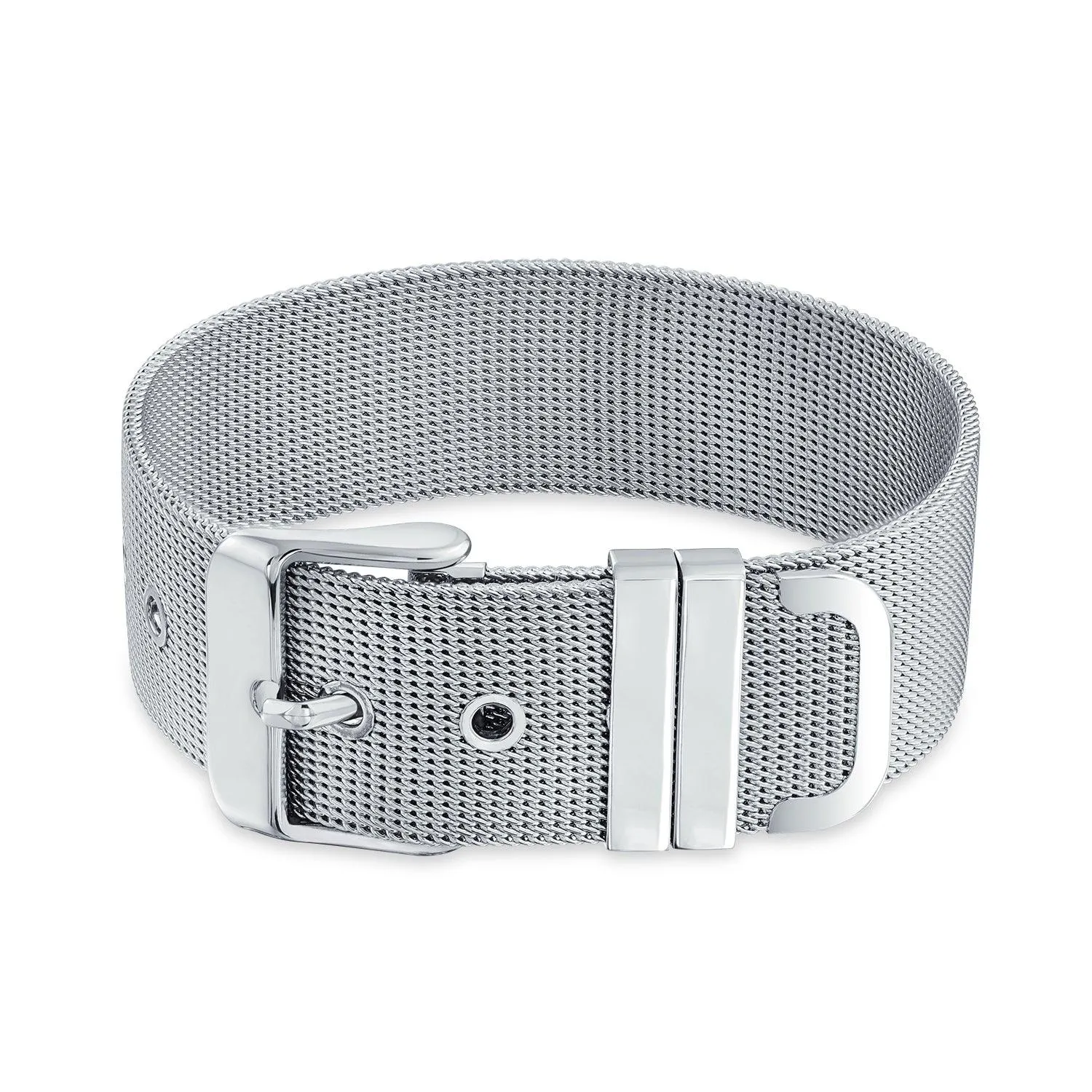 Unisex Wide Band Mesh Cuff Bracelet with Belt Buckle for Men Stainless Steel