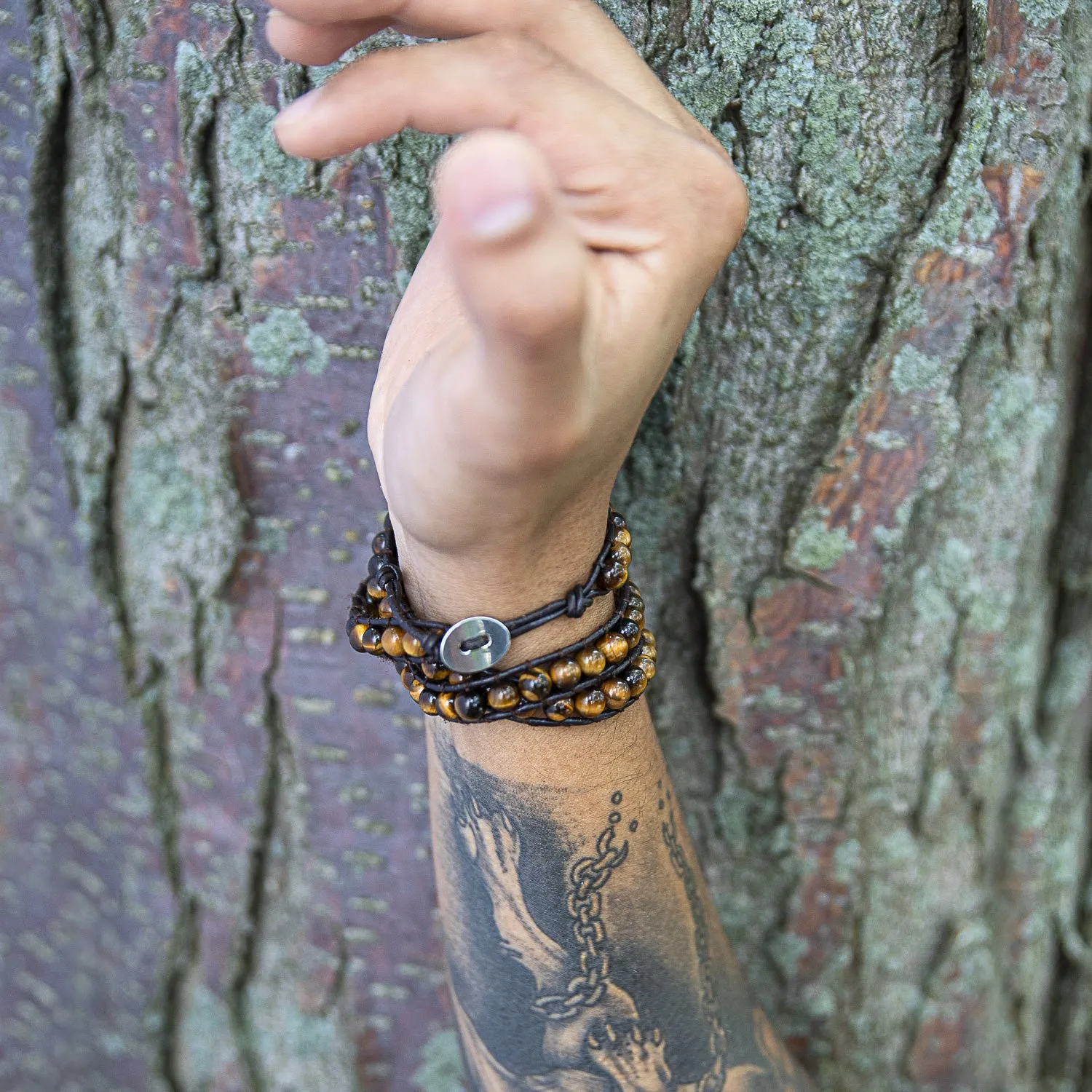 Unisex Wrap Bracelet Two Tone Multi Strand with Tiger Eye & Black Onyx Beads