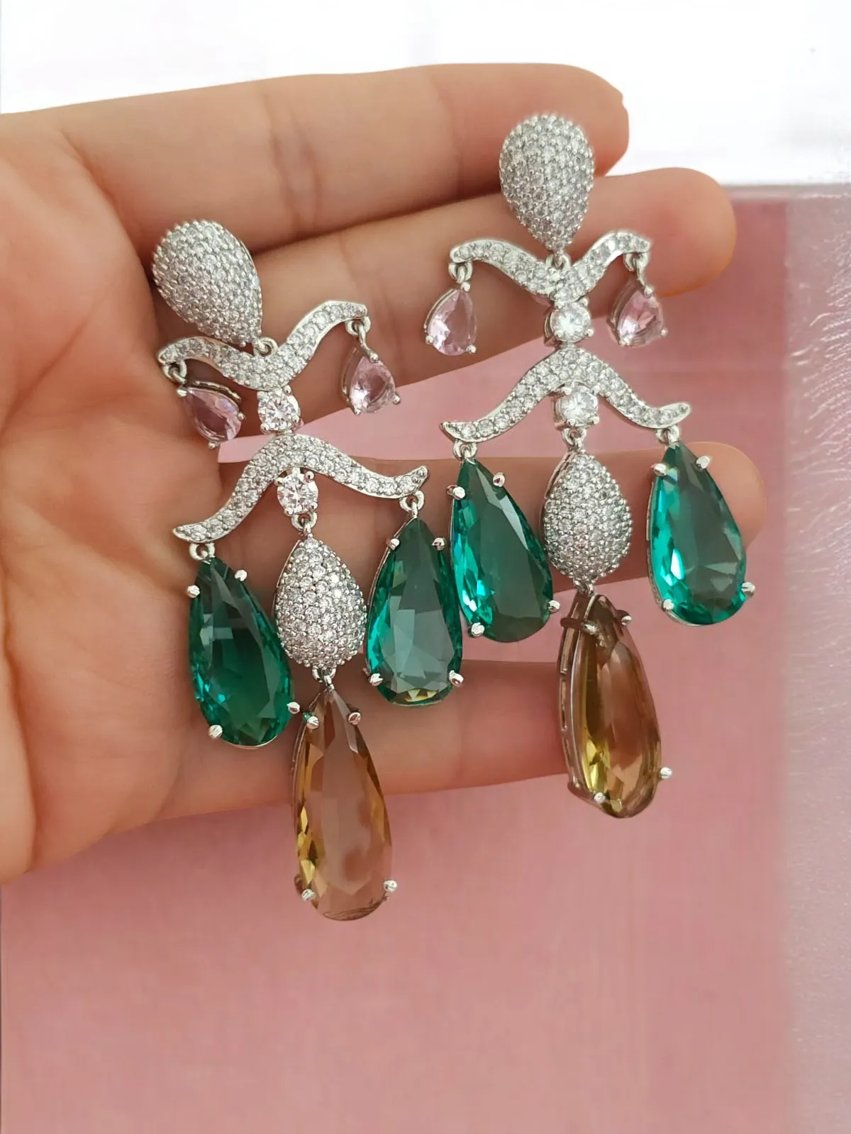 Vibrant Drops American Diamond Indian Earrings Set, AD Drops Earring, CZ Bridal Earrings, Pakistani AD Earring Set, Indian AD Jewelry Set, Wedding CZ Earring Set, Bollywood AD Earrings Set