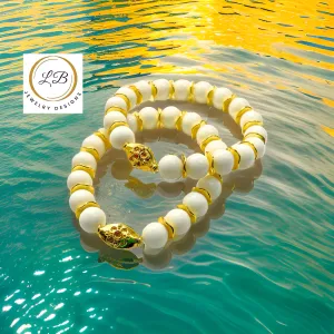 White Alabaster Gemstones 18k Gold Beaded Bracelet