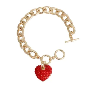 Yellow Gold Plated Link Chain Bracelet Red Heart Charm